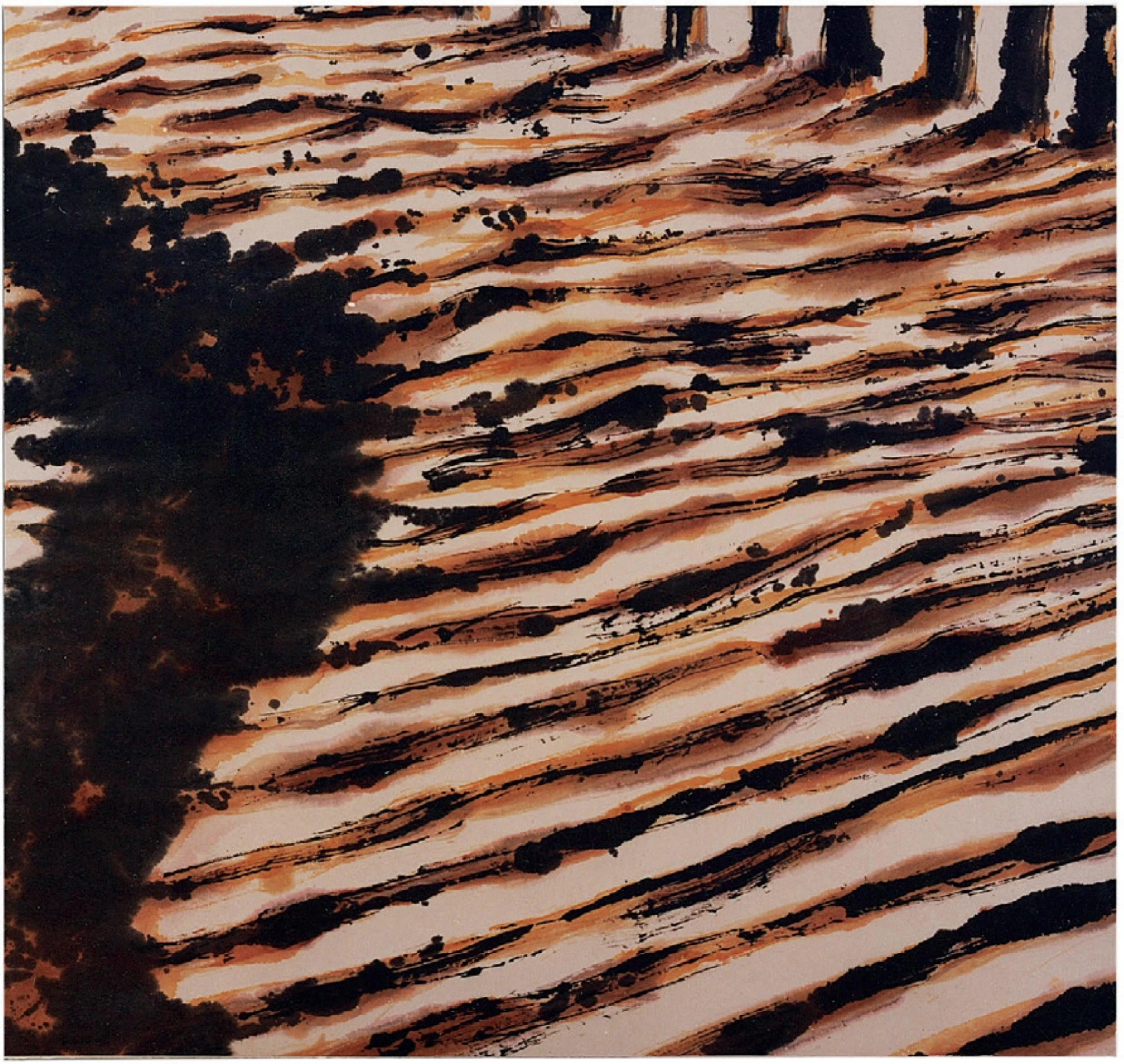 楊世芝，《泥地上的光影》，1981，墨汁、 壓克力於棉紙上，84×91cm。-圖片